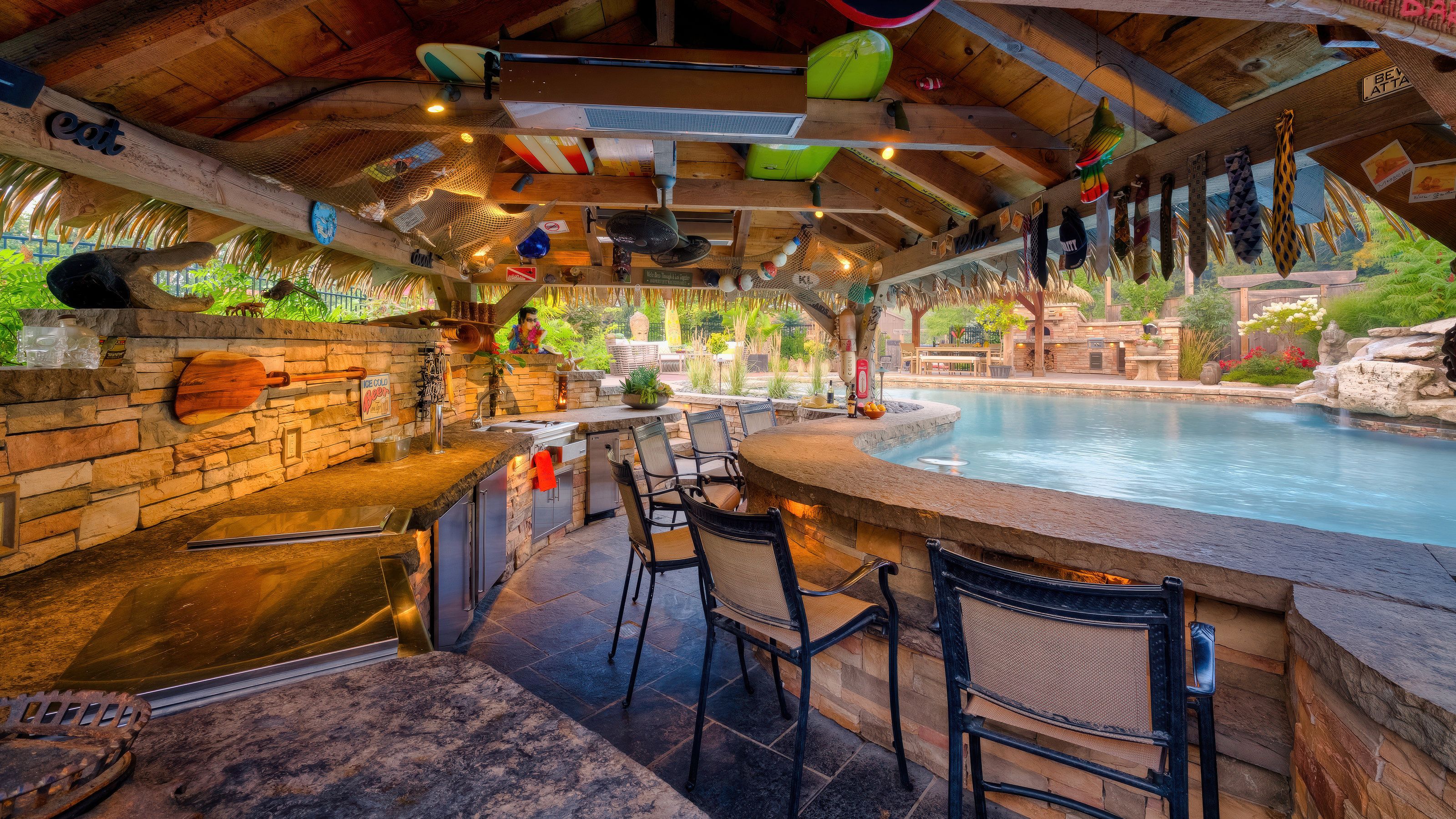 Tropical paradise tiki bar and entertainment area