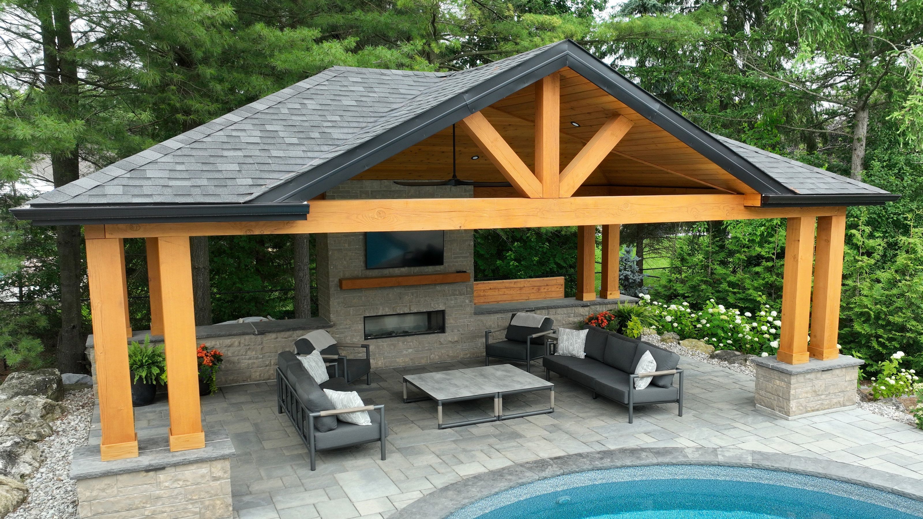 Contemporary shade structure with natural materials