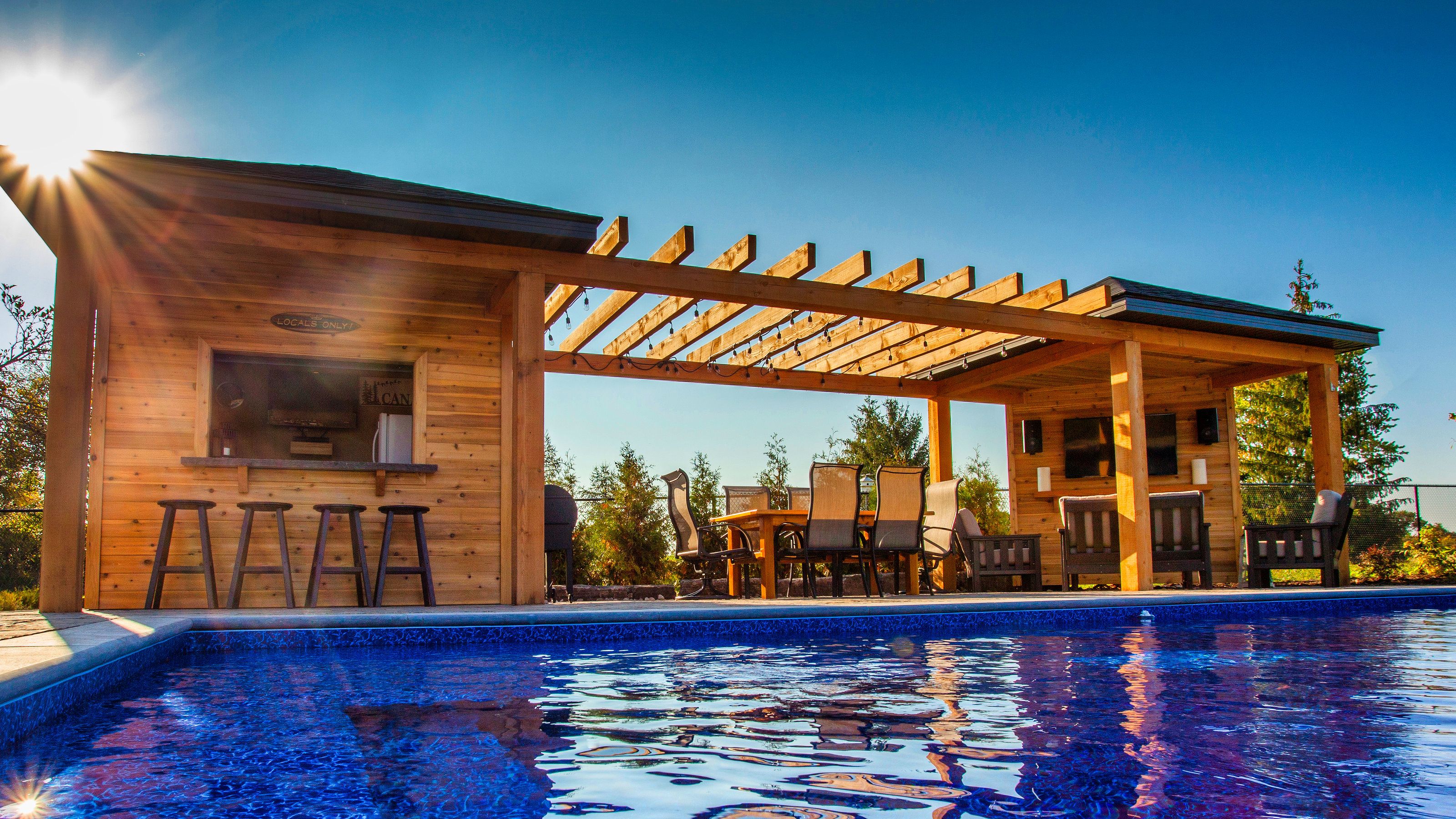 Modern shade structure with natural wood accents